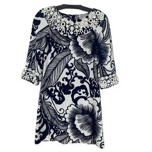 Milly for Bergdorf Goodman Navy White Floral Beaded Shift Dress Womens 2 ASIS